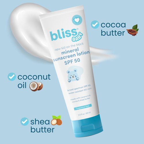 Bliss Baby Sunscreen, Premium SPF 50 Sunscreen Mineral Lotion, Natural Zinc Oxide, Hypoallergenic, Non-toxic, Water-Resistant, Vegan, Sensitive Skin - For Babies, Toddlers, Kids & Whole Family
