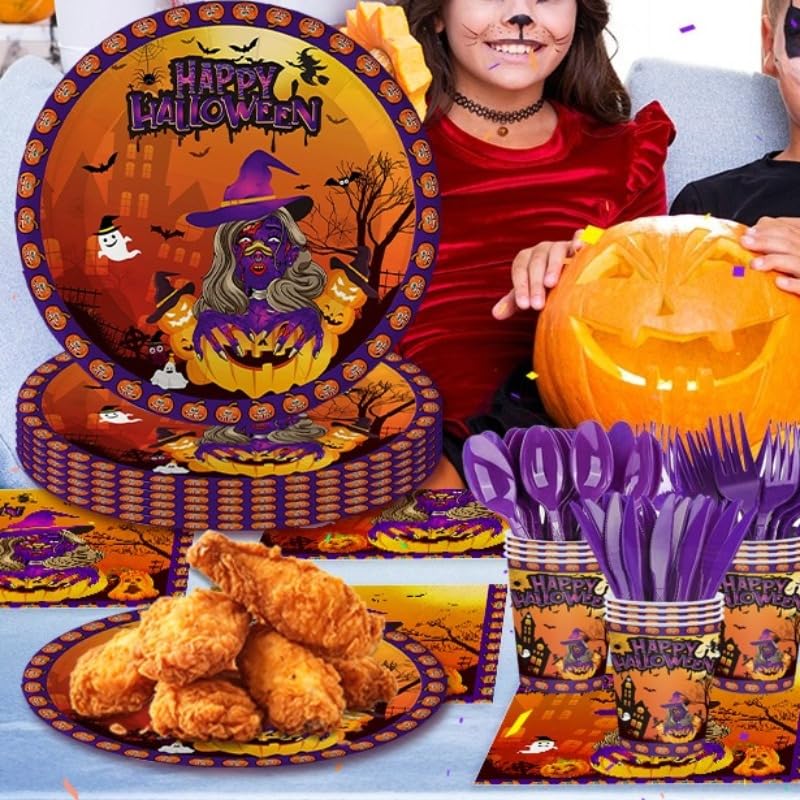 Halloween Party Tableware Set - 20 Plates, Napkins, Cups & Utensils for 20 Guests