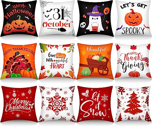 Set of 12 Halloween, Thanksgiving & Christmas Pillow Covers 18x18 Inches