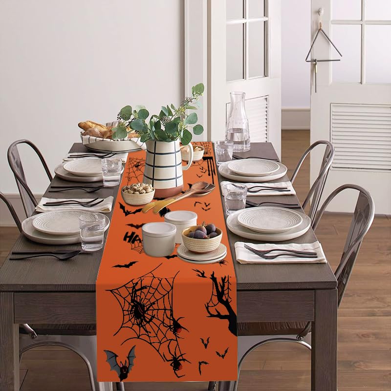 Halloween Table Runner 13x72 Inch Gothic Spiders Web Bats Decor