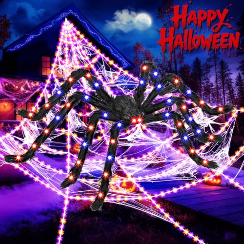 Outdoor Halloween Lighted Spider & Web Decor Set - Orange & Purple, Includes Spider & Mini Spiders