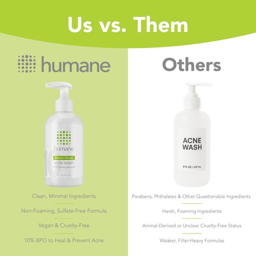 humane Benzoyl Peroxide Acne Body Wash - 10% Maximum-Strength Face, Skin, Butt, and Back Acne Treatment - 8 Fl Oz - Dermatologist-Tested Non-Foaming Acne Face Wash Cleanser - Vegan, Cruelty-Free