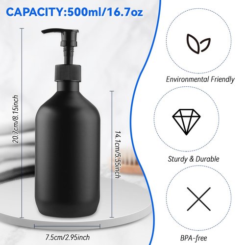 BOSMOIW 3 Pieces 500ML/17OZ Black Matte PET Soap Dispenser,Plastic Shampoo Pump Bottle,Empty Hand Soap Containers,Bathroom Countertop Pump Dispensers for Shampoo,Conditioner,Shower Gel,Massage Oil
