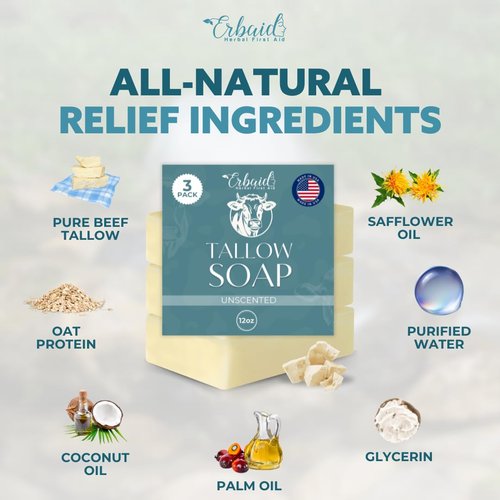 Beef Tallow Soap Bar – All Natural Grass Fed Tallow Soap Unscented – Moisturizing Face & Body Wash Great for Eczema, Dry, Itchy, Sensitive Skin – Handcrafted Bath Soap for Adults, Kids, Made in USA