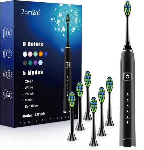 7AM2M Ultrasonic Electric Toothbrush with 6 Brush Heads for Adults&Kids, Type C Rechargeable, One Charge for 120 Days, 5 Modes&40000VPM Powered Toothbrush, 2 Minutes Built in Smart Timer (Black)
