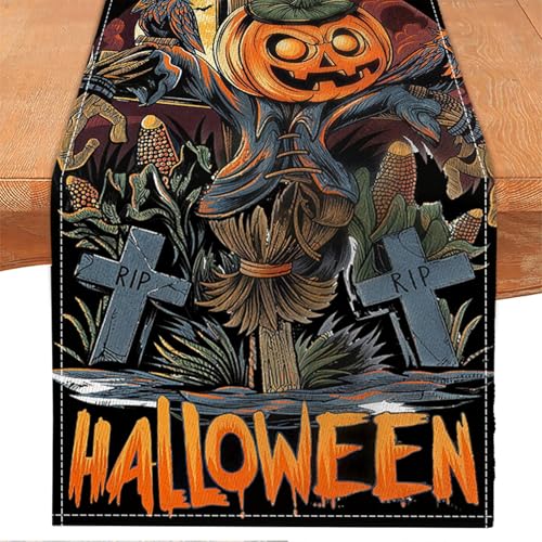 Black Pumpkin Scarecrow Halloween Table Runner 13x72 Inches - Spooky Decor