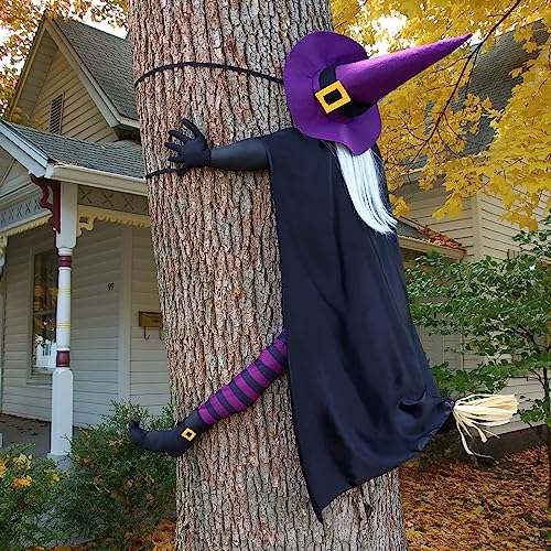 Giiffu Halloween Outdoor 57-Inch Crashing Witch Tree Decor with Purple + Black Variation
