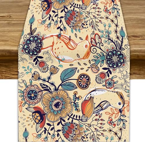 W13x36 Inch Boho Paisley Table Runner - Beige Floral Fabric for Home & Party