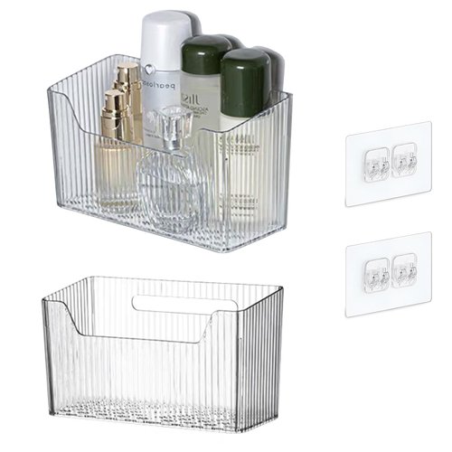 Acrylic Wall Mounted Storage Racks,2Pcs Storage Box Shower Basket, Transparent Plastic Makeup Box Stackable Storage Basket for Kitchen Bathroom Cabinet Pantry and Office, with 2 Back Stickers
