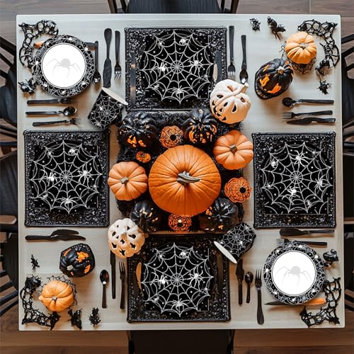 Halloween Party Supplies Set for 20 Guests | Spider Web Plates, Napkins, Cups & Utensils