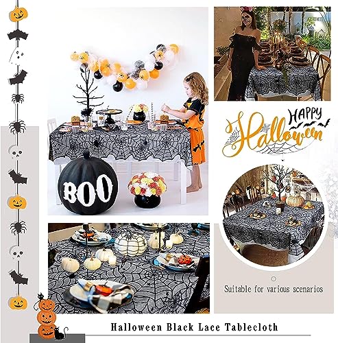 72" x 54" Black Lace Halloween Tablecloth with Spider Web Design - Rectangular