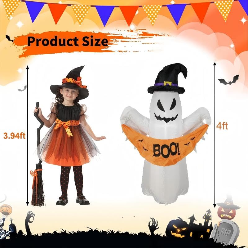 4FT Halloween Inflatable Ghost with LED Lights - Outdoor Yard Decor, Blow Up Haunted Ghost, Waterproof