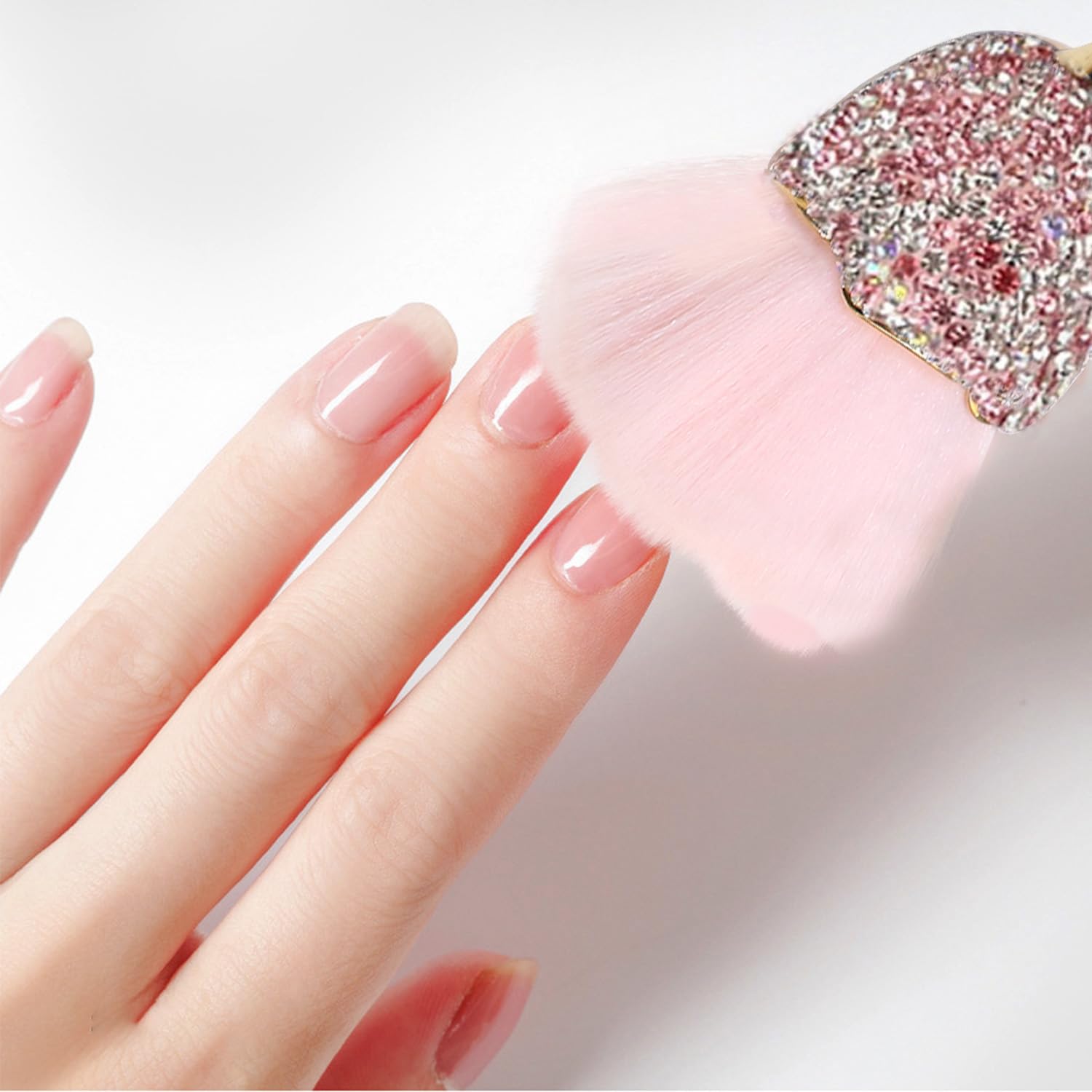 Wokoto 1pcs Rose Nail Dust Brushes Embedded Pink And White Rhinestones For Acrylic Nails Powder Remover Trimming Cleaning Tools Loose Face Cosmetics Blending Foundation Powder Make Up Brushes