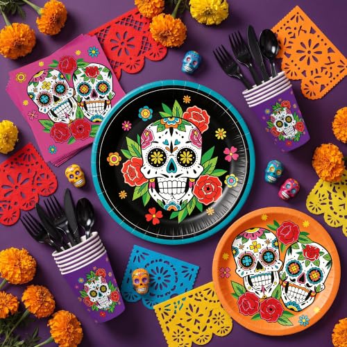Day of the Dead Party Plates Napkins Set - Colorful Skeleton & Marigold Design - 168pcs - Variation of THIS listing