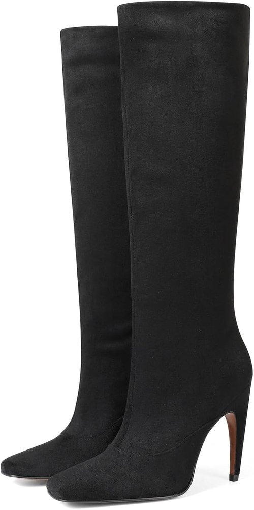 Femflame Knee High Boots - Wide Calf Suede Long Boots with Square Toe & Stiletto Heel