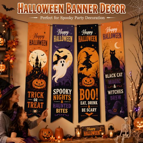 Halloween Decorations - 4 Pack Vertical Hanging Banners in Orange, Black & Purple - Spooky Party Decor