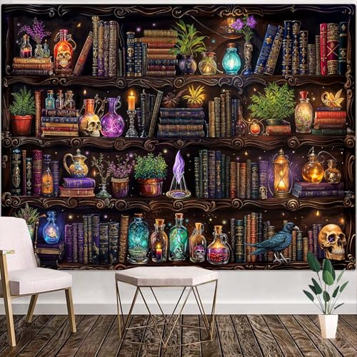 Witch Bookshelf Tapestry Wall Hanging - 80x60 Rust Brown Decorative Wall Art