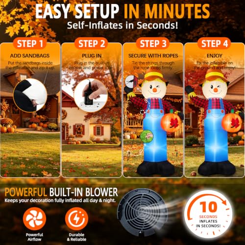8FT Fall Inflatable Scarecrow Yard Decoration with Pumpkin & LED Lights - Greeting Style