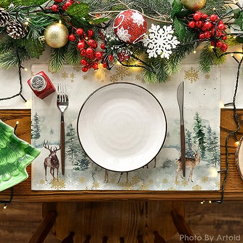 Watercolor Deer Trees Snowflakes Christmas Placemats Set of 12 - 12x18 Inch Seasonal Winter Table Mats, Green, Rectangular