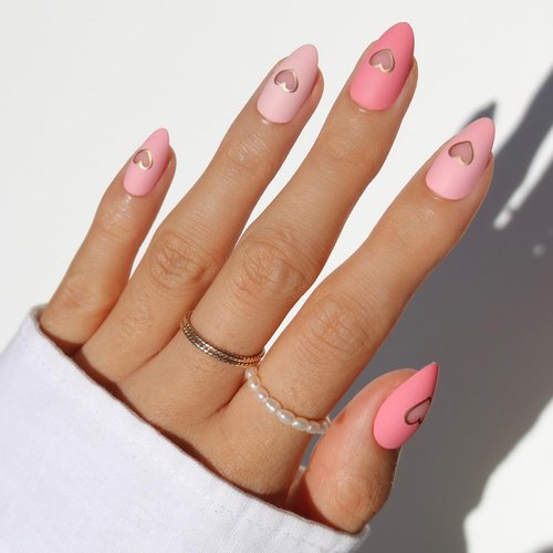 Glamnetic Press On Nails - Matte In Love | Short Almond Fake Nails with Metallic Gold Hearts | 30-Piece Kit in Mixed Pink Tones