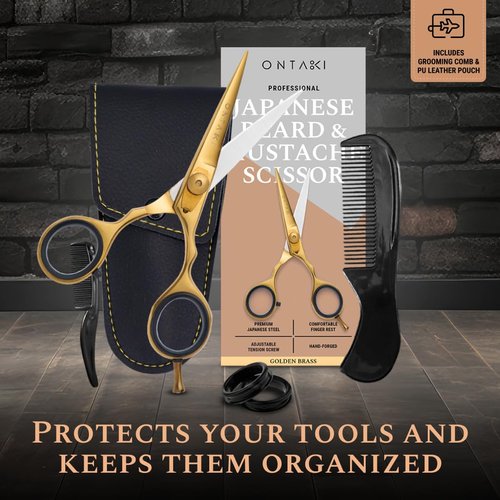 Ontaki Japanese Steel Beard & Hair Trimming Scissors - Precision Convex Blades Hair Cutting Scissors - Adjustable Tension Knob Barber Shears - Rubber Ring Grip & Mustache Comb - Gold Brass, 5.5 in