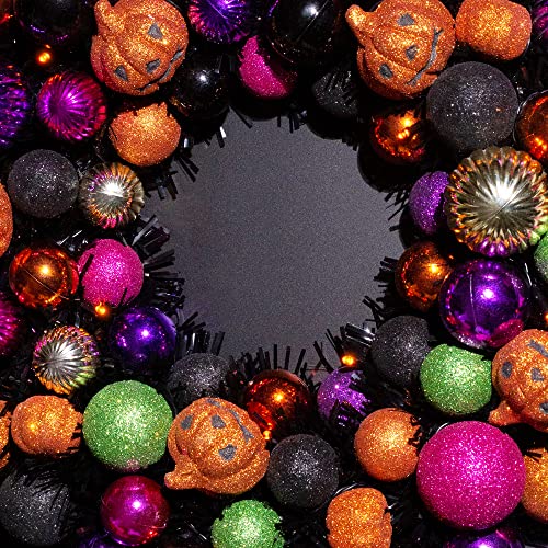 Halloween Wreath with Lights and Pumpkin Ornament - 18 Inch Pumpkin Variation