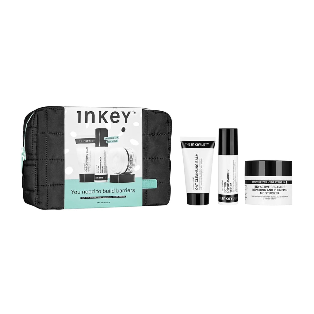 The INKEY List Skincare Gift Set - Oat Cleansing Balm, Hydro-Barrier Serum & Ceramide Moisturiser | Strengthen Dry Skin, Washbag Included
