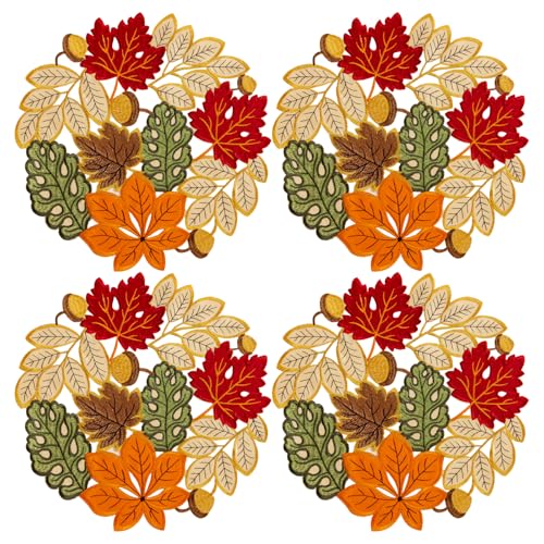 Thanksgiving Fall Placemat Set of 4 - Round Colorful Maple Leaves Table Decor