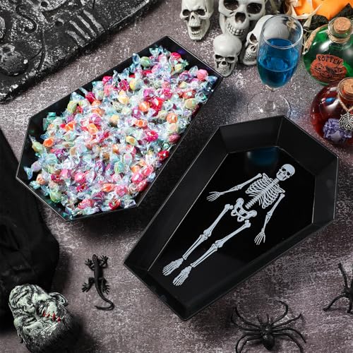Halloween Coffin Candy Bowl Set - Skull & Black Plastic Serving Trays - 2 Pieces