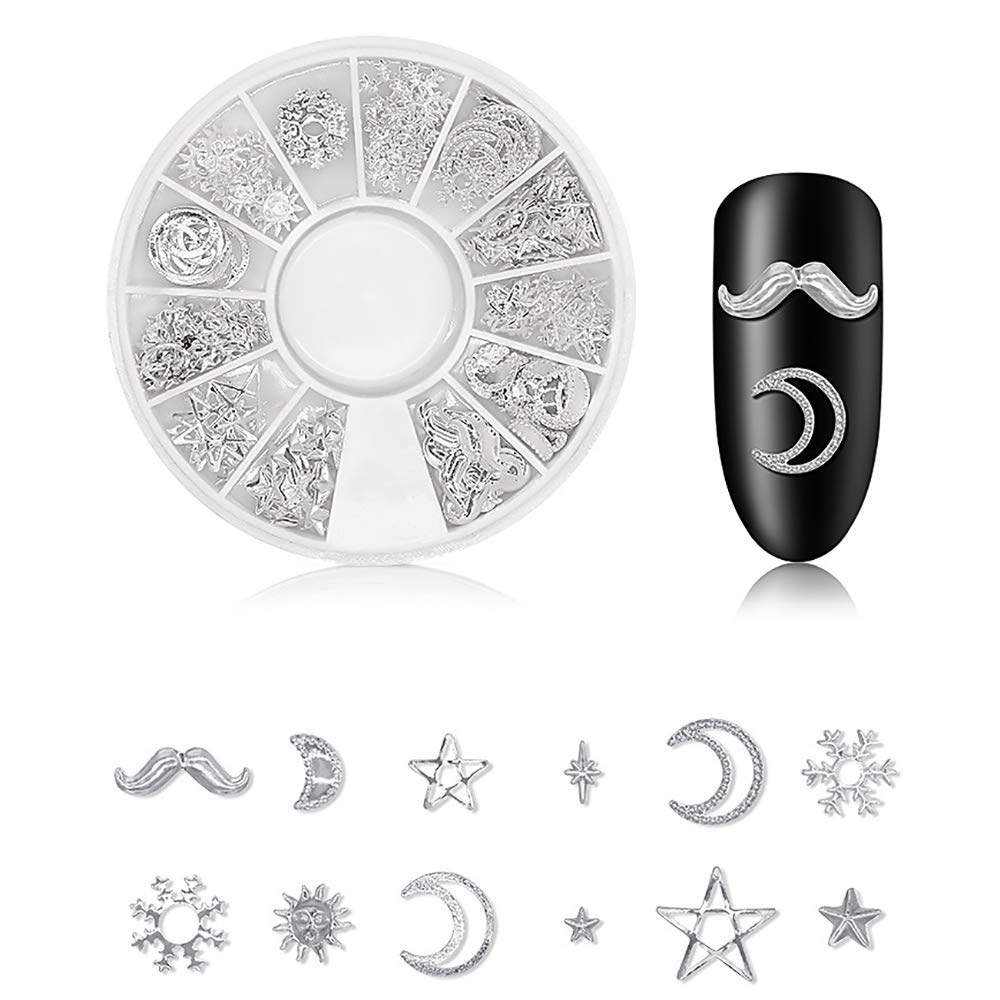 WOKOTO 6 Boxes Silver Hollow Nail Art Studs Set Nail Charm 3D Flower Diamond Manicure Rivet Kit Nail Jewelry Decorations With 1Pc Tweezers And Picker Pencil