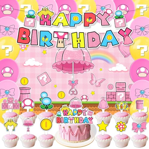 Multicolor Peach Party Decorations Set - Birthday Banner Cake Topper Balloons