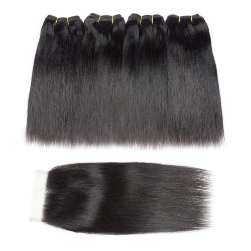 Selina Straight Human Hair Bundles With Closure 8 8 8 8+8 Inch 4x4 Lace Closure 100% Brazilian Virgin Human Hair 4 Bundles Wiht Closure Deals Hair Extensions Qucik Weave Bundles Natural Black