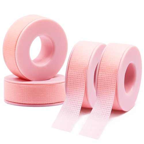 Miuffue Lash Tape, Sticky Silicone Adhesive Pain-Free Removal Eyelash Tape, Pink Sensitive Breathable Lash Tech Supplies, Medical Micro-Porous Eyelash Extension Tape - 0.5 in x 4 Yds, 4 Rolls