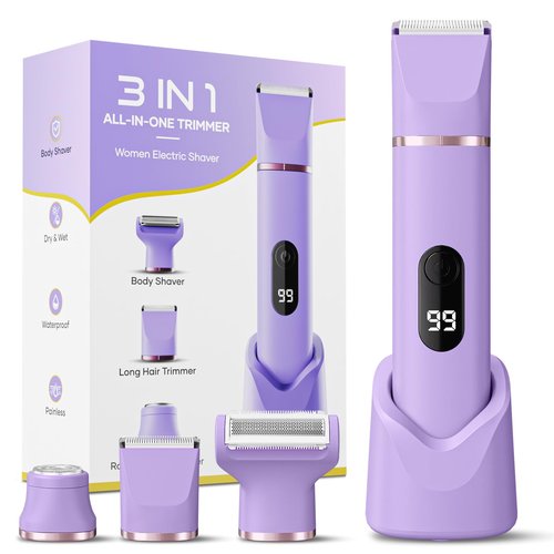 Bikini Trimmer for Women, Tiovara Painless Electric Razors Shaver IPX7 Waterproof Cordless Body Hair Trimmer Pubic Hair Removal with USB Charge Dock for Underarm Leg Arm Body Face Silk Skin (Lilac)