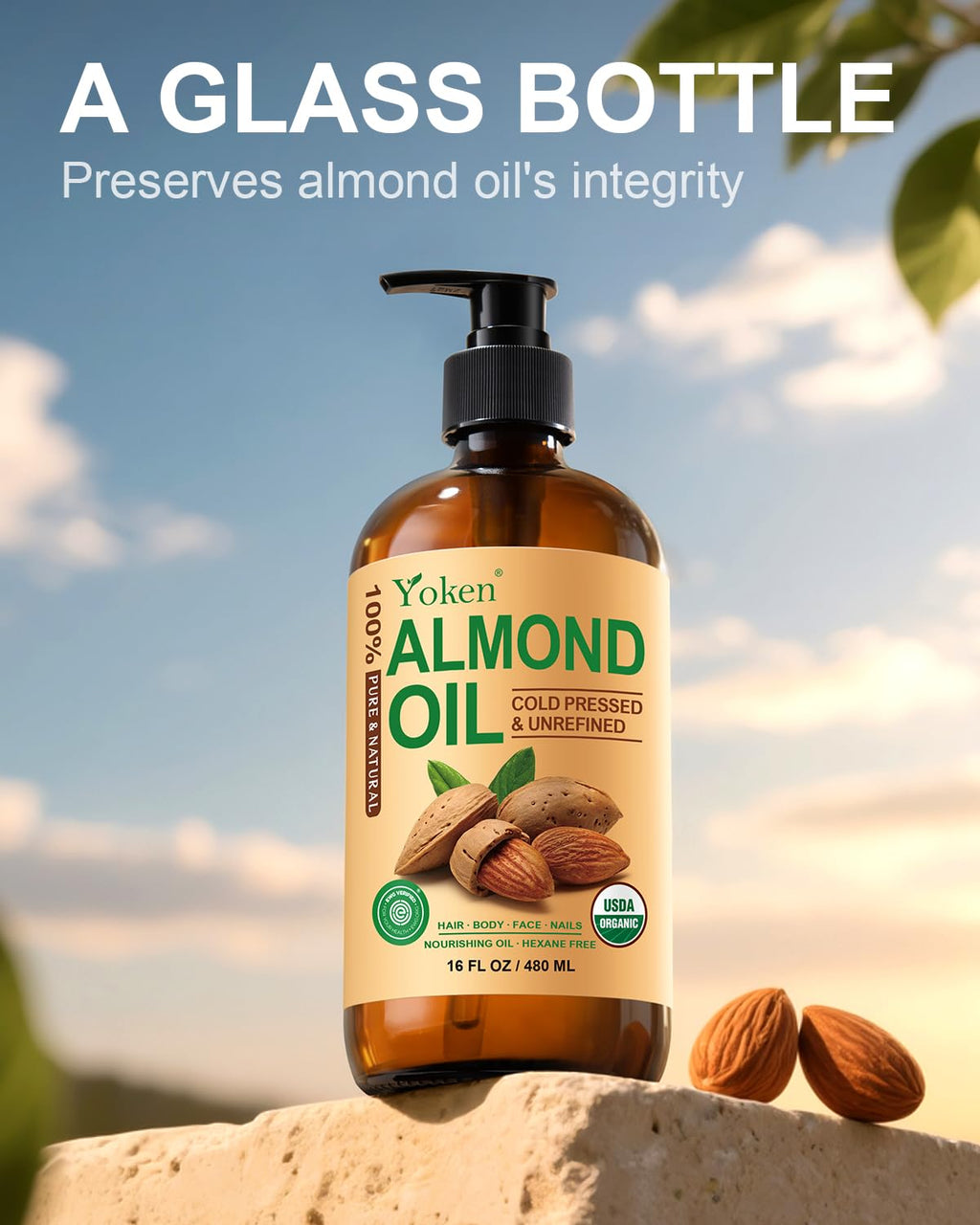 Yoken Organic Almond Oil 16 fl oz, USDA 100% Pure Cold Pressed Almond Oils in Glass Bottle, Natural Moisturizer for Face, Hair & Body, Ideal Carrier Oil for Skin Care, DIY Beauty & Soothing Massage