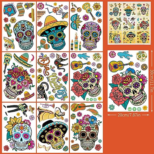 Dia de Los Muertos Halloween Window Stickers - Sugar Skull Skeleton Gnome Flowers - Reusable Party Decals