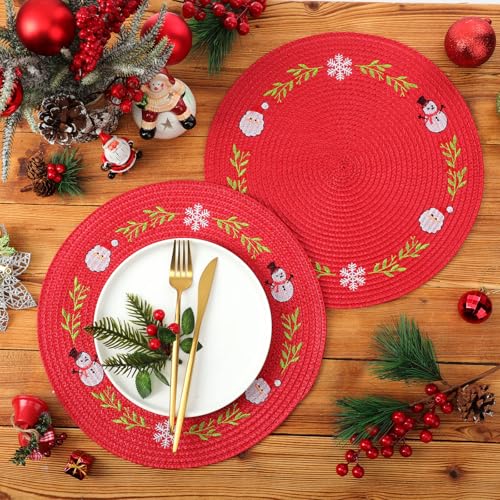 Christmas Round Placemats Set of 6 with Santa Claus Embroidery - Holiday Table Decor