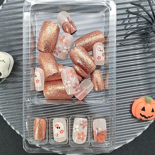 Halloween Press On Nails Short Square Fake Nails with Ghost Pumpkin Glitter Design - 24 Pack, Variation 26