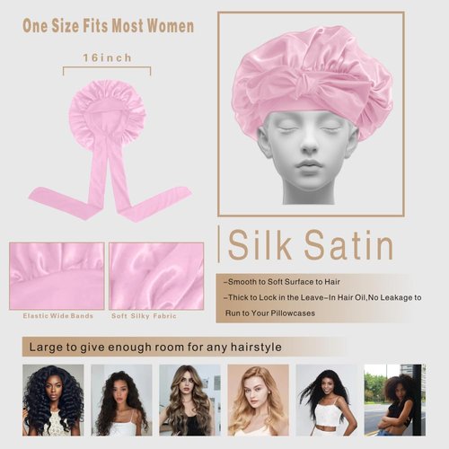VECIIR Silk Bonnet for Sleeping Women, Ajustable Hair Bonnet for Curly Hair with Tie Band Shower Caps Pink，Large
