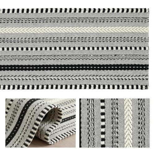 Farmhouse Style Black Stripe Braided Table Runner 12x36 Inch - Cotton & Polyester
