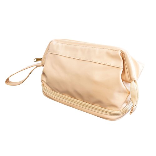 Eurow Luxe Double Layer Spacious Waterproof Cosmetic Travel Bag, PU Leather, Portable with Handle, Makeup & Toiletry Organizer, Dual Compartments for Brushes & Essentials, Cream