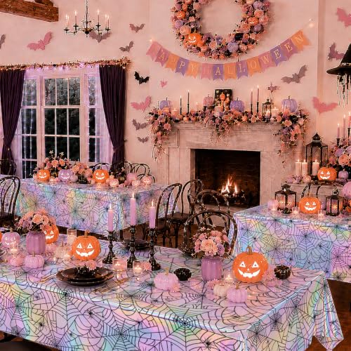 Halloween Party Tablecloth Set - 3 Disposable Iridescent Spiderweb Plastic Coverings Variation of THIS listing