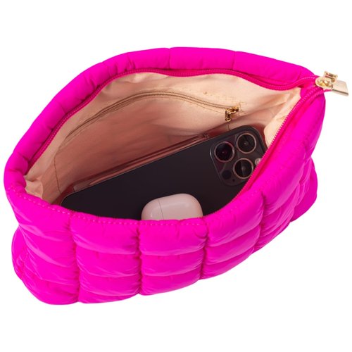 CECKQUE Soft Checkered Quilted Puffy Makeup Bag for Women, Aesthetic Puffer Cosmetic Bag Pouch for Purse (Hot Pink)