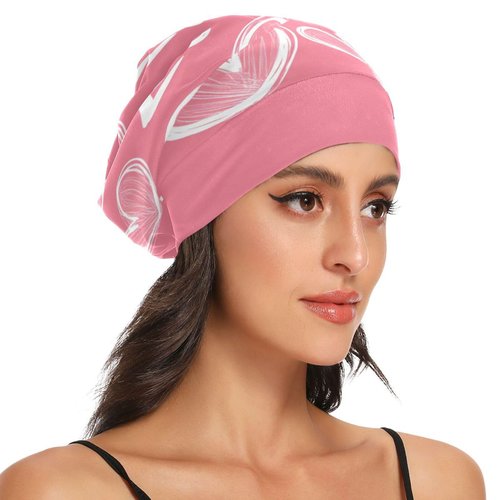 ElliTarr Beanie Hat Satin Bonnet Lined Sleep Cap Hair Wrap Cover Slouchy Beanie for Curly Hair Protection for Gifts for Men Women Pink Hearts Valentine