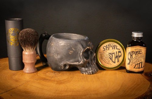 Shaving Kit for Men – Traditional Wet Shave Set with 4oz Shaving Soap, 3oz Tea Tree Oil, Badger Brush & Skull Bowl – For Use with Safety Razor or Straight Razor – Barber Grooming