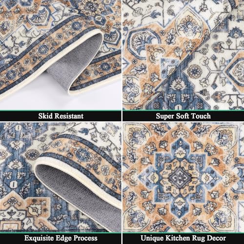 Boho Kitchen Rugs Set of 3 with Runner - Blue/Orange, Non Slip Washable Floor Mats