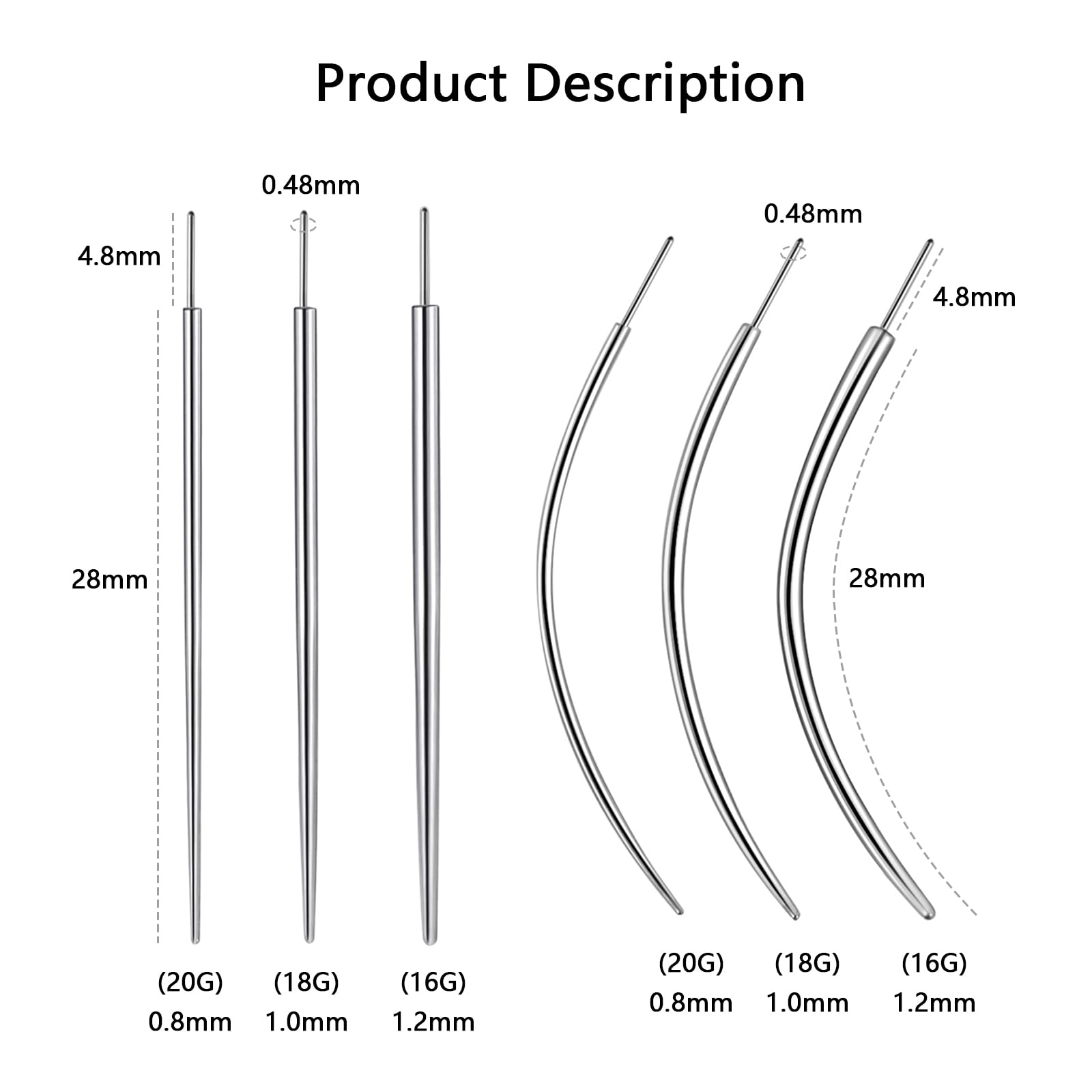 WOLAYI G23 Titanium Threadless Piercing Taper 16G/18G/20G Flat Back Earring Applicator Tool Insertion Pin for Push In Nose Lip Ear Tragus Helix Body Piercing Jewelry Stretcher Assistant Tool (6Pcs, 20G/18G/16G Curved&Straight)