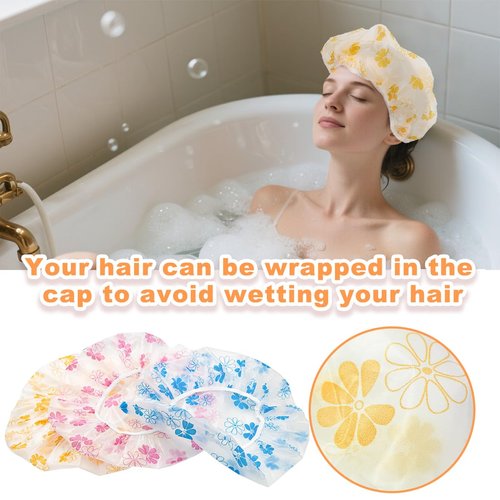 18Pcs Plastic Shower Caps for Women Waterproof Bath Caps Bathing Hair Cap Reusable Shower Caps for Shower,Spa,Salon,Housework,Girls,Home,Travel (Yellow+Red+Blue-Flower)