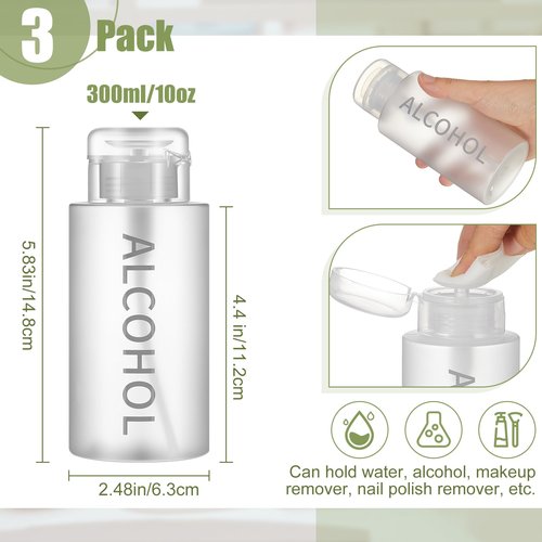 Layhit 3 Pcs 10 oz Alcohol Pump Dispenser Bottle Alcohol Push Down Liquid Dispenser Empty Pumping Bottle Refillable Cosmetic Container for Personal, Salon, Nail Care, Hospital Use (Gray)