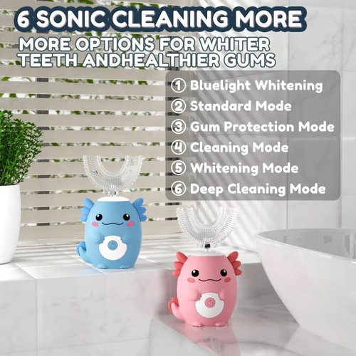 PVOGRT Kids Electric U Shaped Toothbrush - Axolotl Kids Sonic Toothbrush with 6 Brush Head Automatic 6 Cleaning Modes Full Mouth Cleaning-Pink